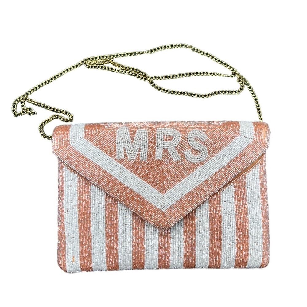 MRS Bride Pink Striped Beaded Crossbody Clutch Purse